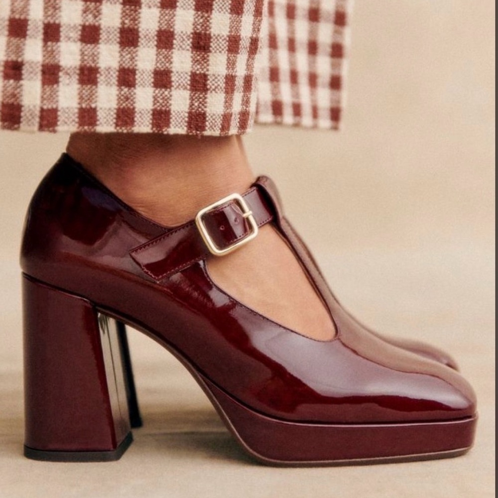 Sézane Burgundy Patent Mary Jane Heels